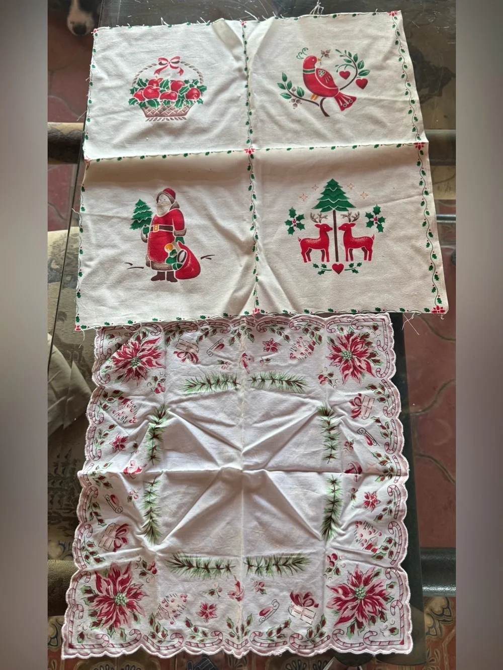 Vintage MidCentury Holiday poinsettia Hankie And 1980 Stencil Fabric Panel Nice